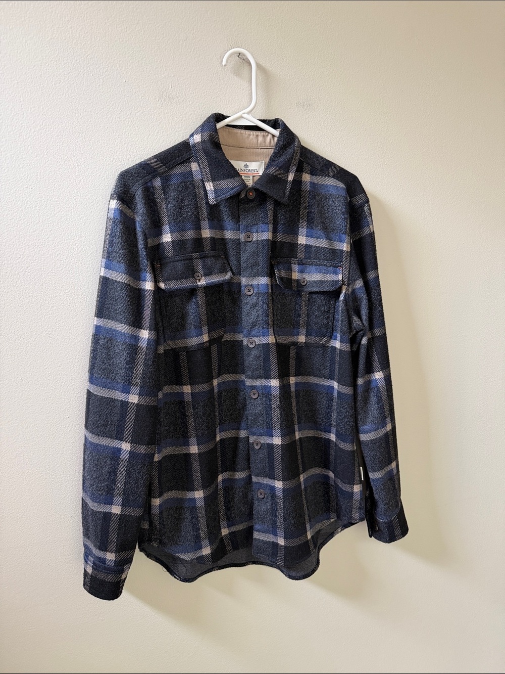 RAINFOREST Men's Black and Blue Plaid Flannel Button-Down Shirt, Sz M